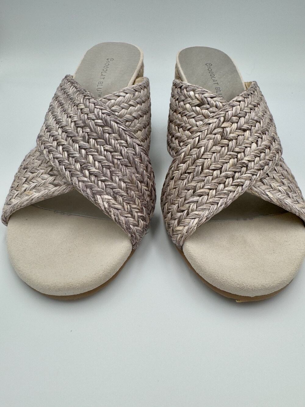 Chocolate Blu Slip On Light Grey Raffia Heel Sandals US Women's 8 Summer Casual